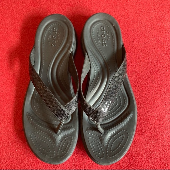 CROCS Sz  10 Toe Post Thong Sequin Comfort Flip Flops Sandals - Picture 4 of 10